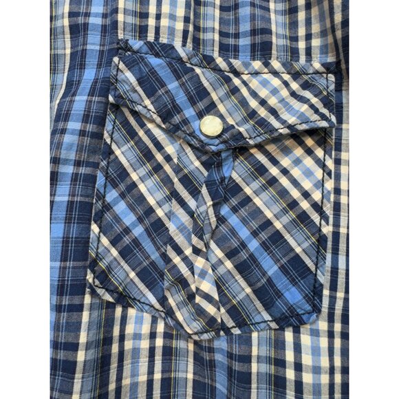 PD&C Men's Button Up Cotton Shirt Size L Blue White Plaid Long Sleeve Pockets - Picture 6 of 11